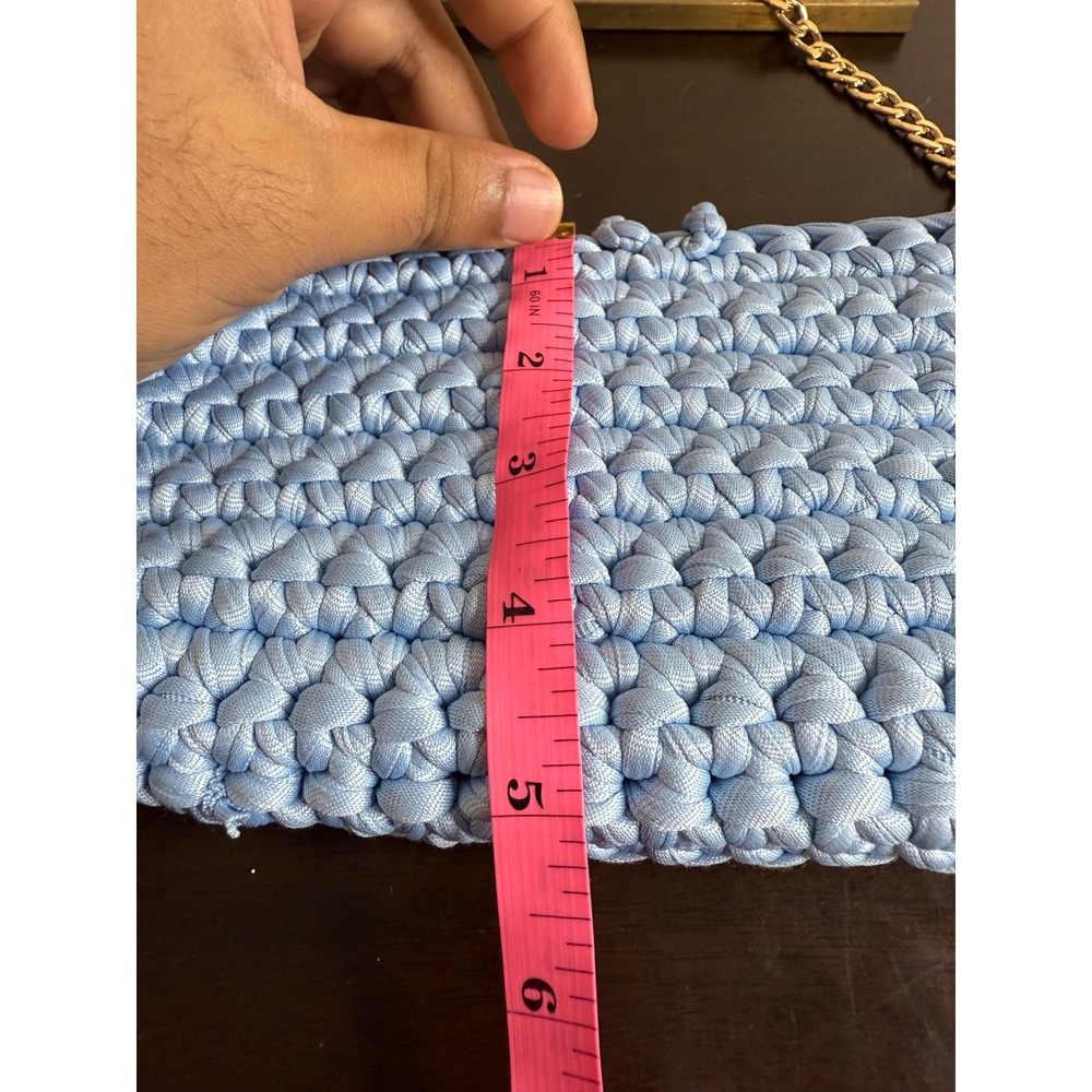 Crochet Shoulder Bag‎ Women's Light Blue Knit Purse with Gold Chain Strap Clutch - Picture 8 of 11